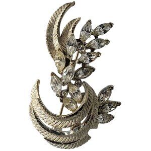 Vintage BSK Rhinestone & Silver Tone Brooch Crescent Moon & Leaf Design Elegant